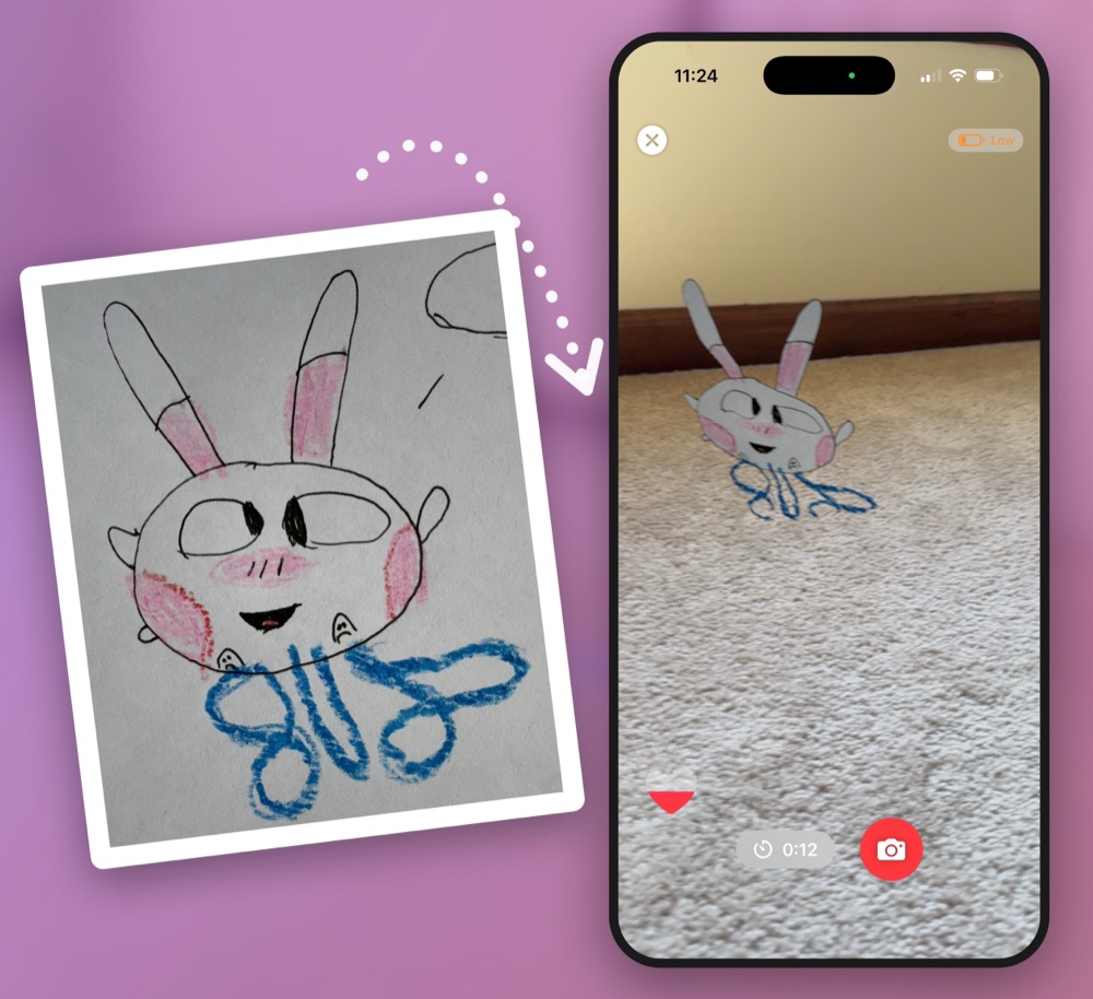 A child's drawing of a bunny-eared Beebee next to an iPhone showing the same Beebee hatched on the living room carpet