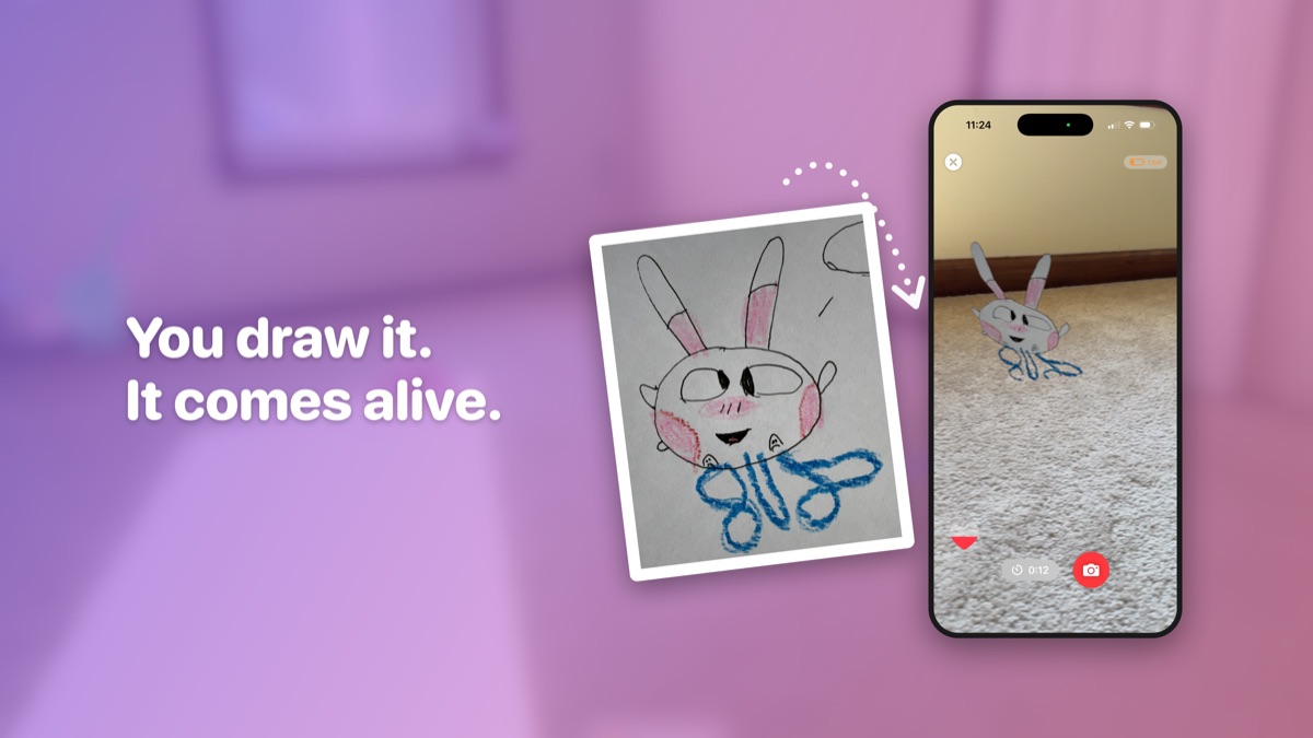 You draw it. It comes alive. A child's drawing of a Beebee next to the same creature in AR